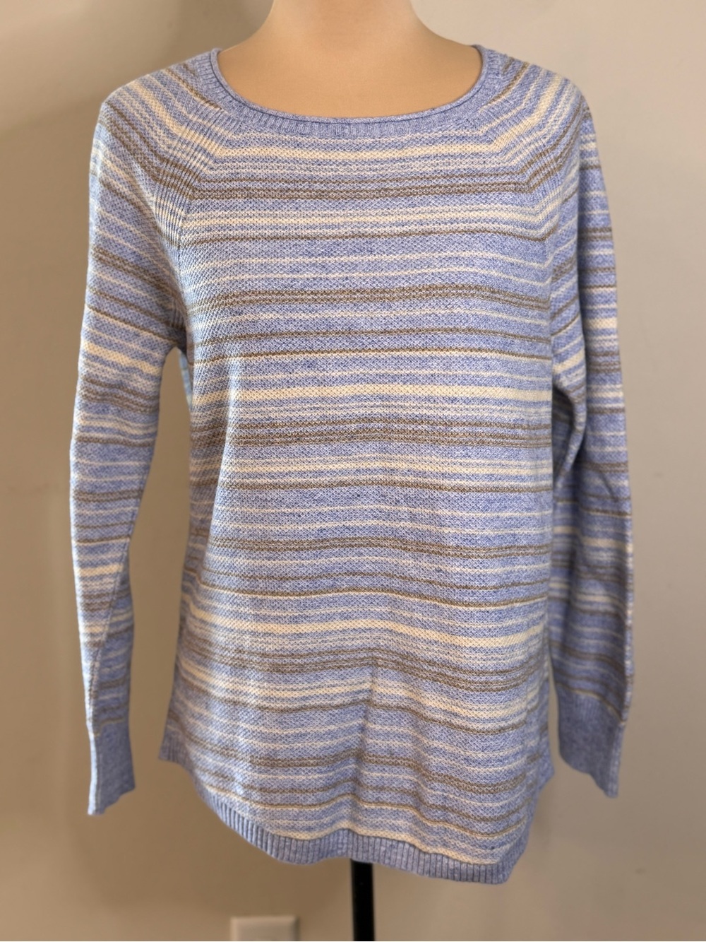 L.L. Bean preppy striped sweater neutral blue brown cream cotton SZ M